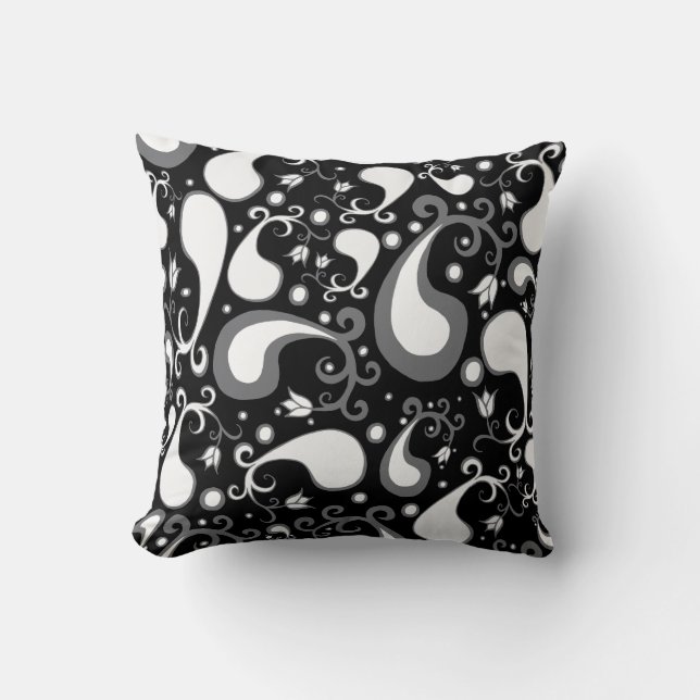 Abstract black and white Tulip Paisley Floral Throw Pillow (Front)