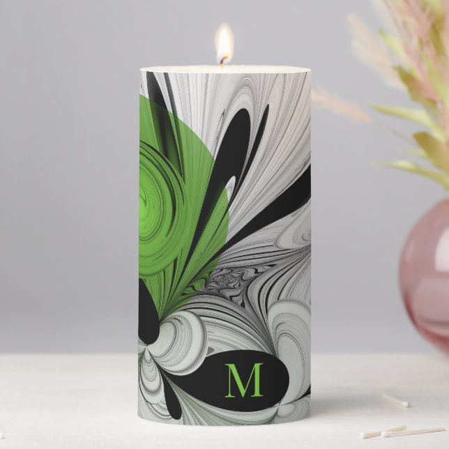 Abstract Black and White w. Green Fractal Monogram Pillar Candle (In Situ)