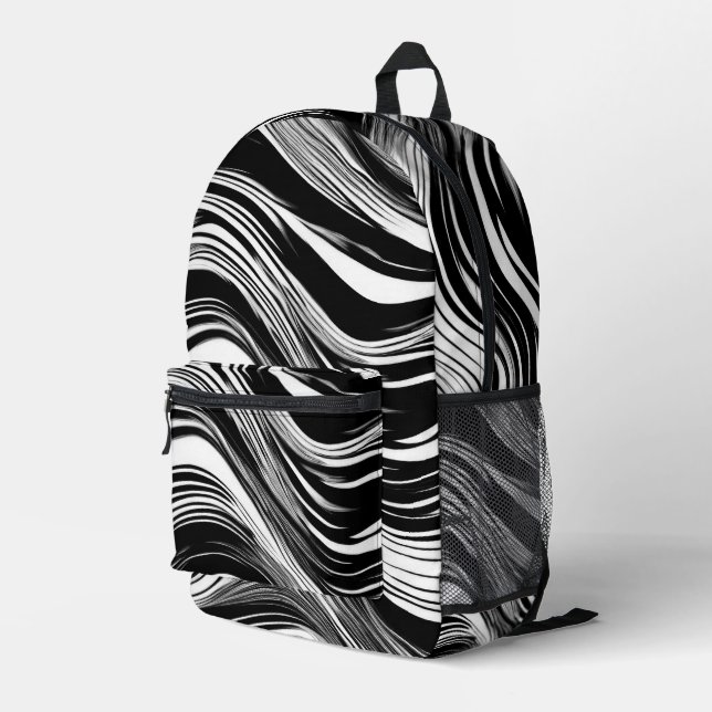 Abstract Black and White Wave Printed Backpack (Back Corner Right)