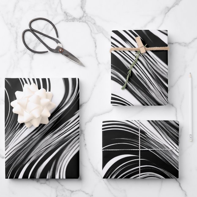 Abstract Black and White Wave Wrapping Paper Sheets (Front)