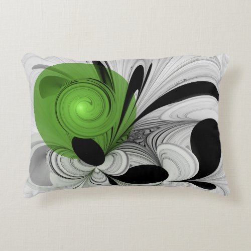Abstract Black and White with Green Fractal Art Accent Pillow