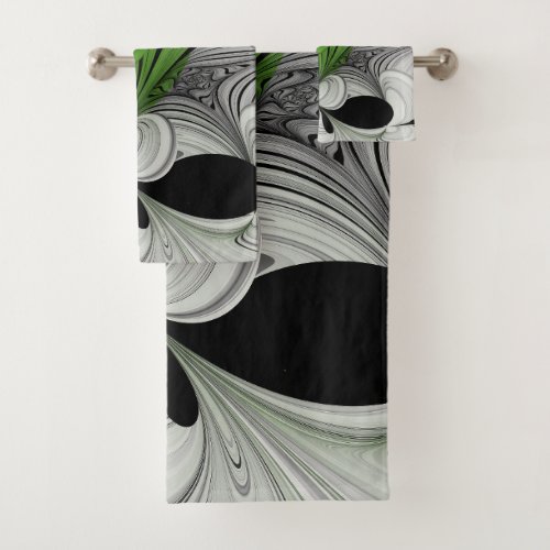 Abstract Black and White with Green Fractal Art Bath Towel Set