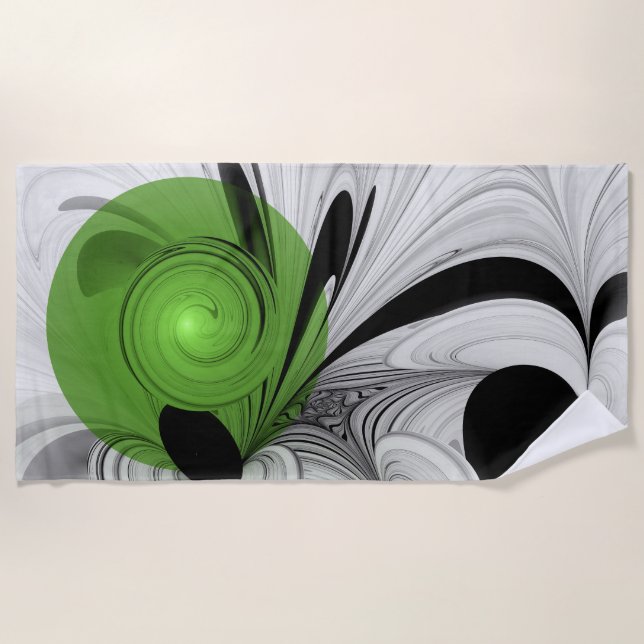 Abstract Black and White with Green Fractal Art Beach Towel (Front)
