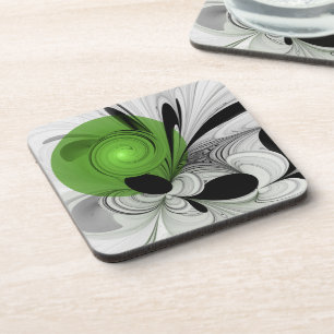 Abstract Black and White with Green Fractal Art Beverage Coaster