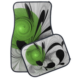 Abstract Black and White with Green Fractal Art Car Floor Mat