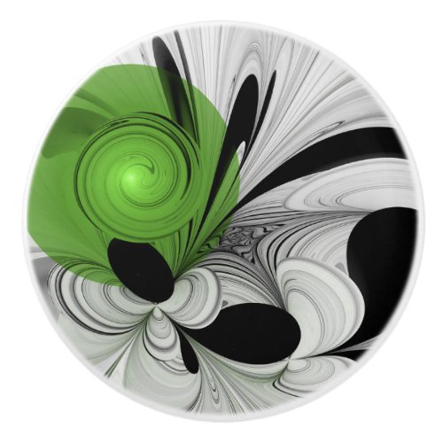 Abstract Black and White with Green Fractal Art Ceramic Knob