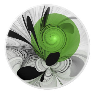 Abstract Black and White with Green Fractal Art Ceramic Knob