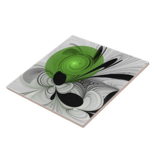 Abstract Black and White with Green Fractal Art Ceramic Tile