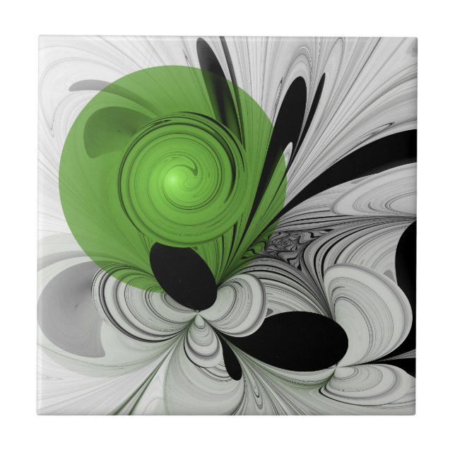 Abstract Black and White with Green Fractal Art Ceramic Tile (Front)