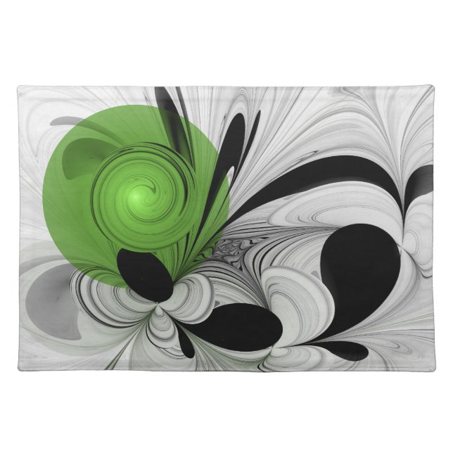 Abstract Black and White with Green Fractal Art Cloth Placemat (Front)