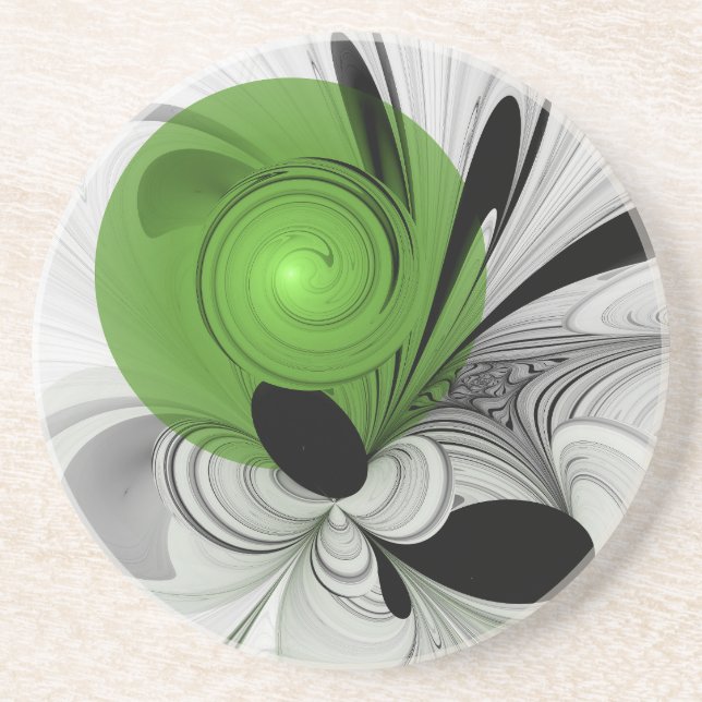 Abstract Black and White with Green Fractal Art Coaster (Front)