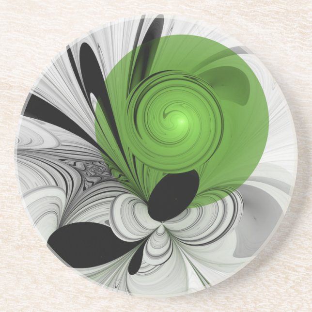 Abstract Black and White with Green Fractal Art Coaster (Front)