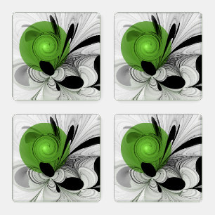 Abstract Black and White with Green Fractal Art Coaster Set