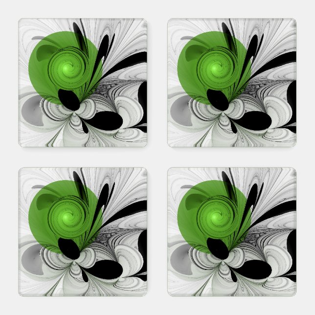 Abstract Black and White with Green Fractal Art Coaster Set (Set)