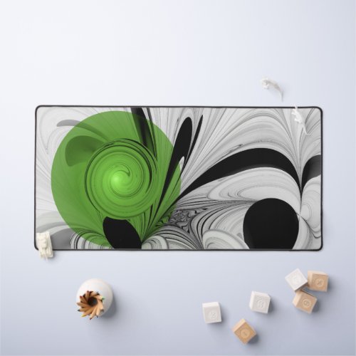 Abstract Black and White with Green Fractal Art Desk Mat