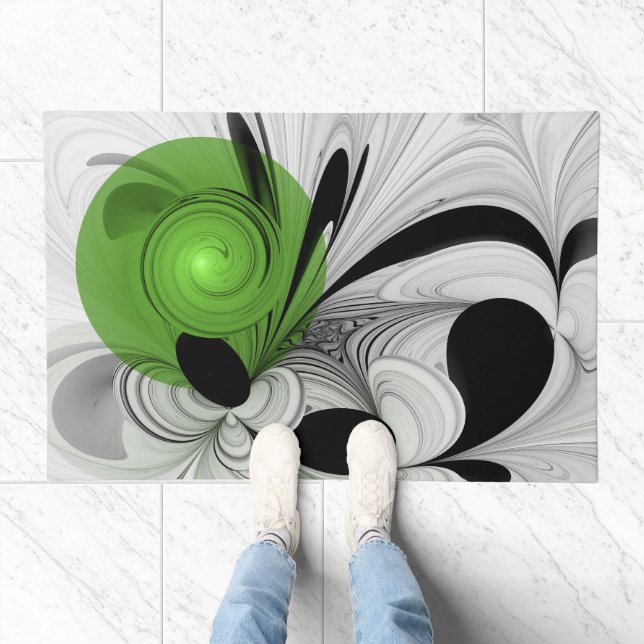 Abstract Black and White with Green Fractal Art Doormat (Indoor)