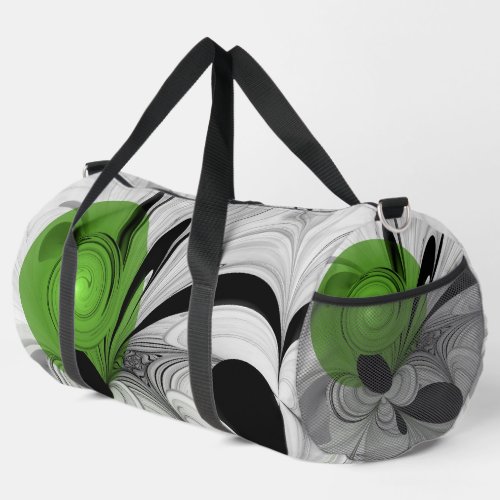 Abstract Black and White with Green Fractal Art Duffle Bag
