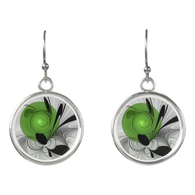 Abstract Black and White with Green Fractal Art Earrings (Front)