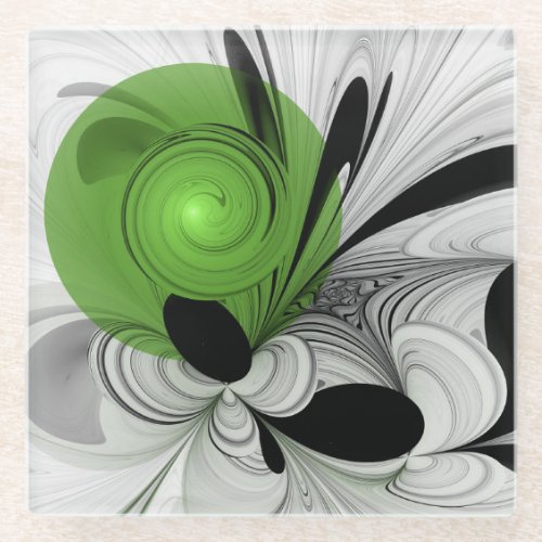 Abstract Black and White with Green Fractal Art Glass Coaster