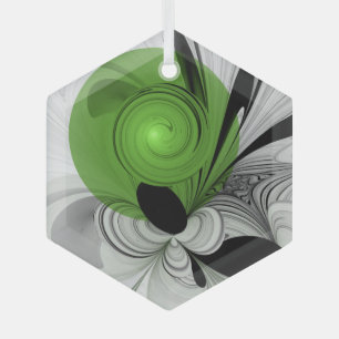 Abstract Black and White with Green Fractal Art Glass Ornament