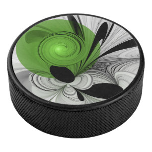 Abstract Black and White with Green Fractal Art Hockey Puck