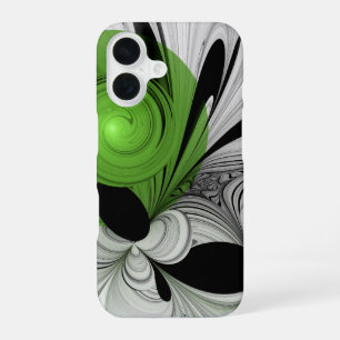 Abstract Black and White with Green Fractal Art iPhone 16 Case