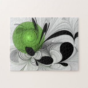 Abstract Black and White with Green Fractal Art Jigsaw Puzzle