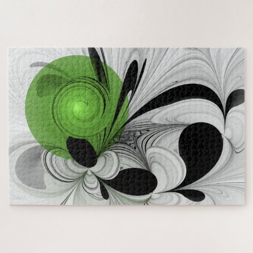 Abstract Black and White with Green Fractal Art Jigsaw Puzzle