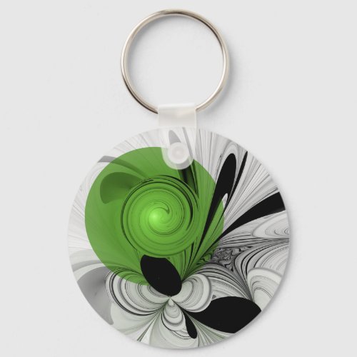 Abstract Black and White with Green Fractal Art Keychain