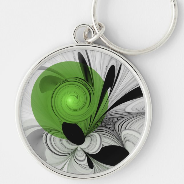 Abstract Black and White with Green Fractal Art Keychain (Front)