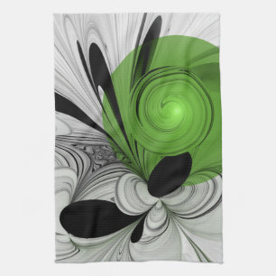 Abstract Black and White with Green Fractal Art Kitchen Towel