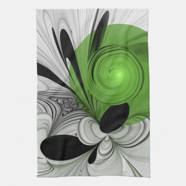 Abstract Black and White with Green Fractal Art Kitchen Towel (Vertical)