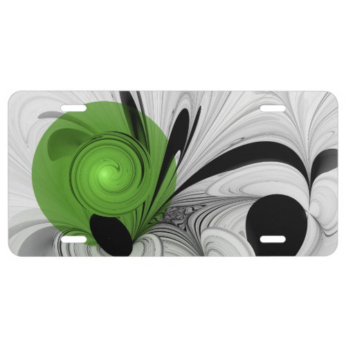 Abstract Black and White with Green Fractal Art License Plate