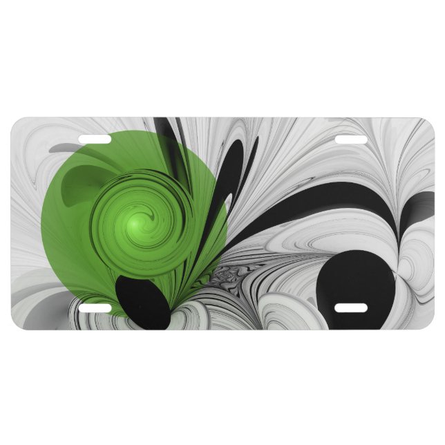 Abstract Black and White with Green Fractal Art License Plate (Front)