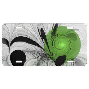 Abstract Black and White with Green Fractal Art License Plate