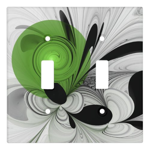 Abstract Black and White with Green Fractal Art Light Switch Cover