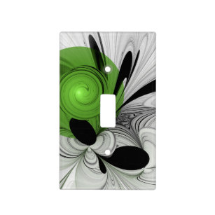 Abstract Black and White with Green Fractal Art Light Switch Cover