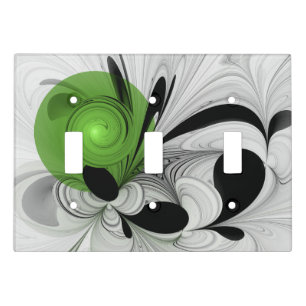 Abstract Black and White with Green Fractal Art Light Switch Cover