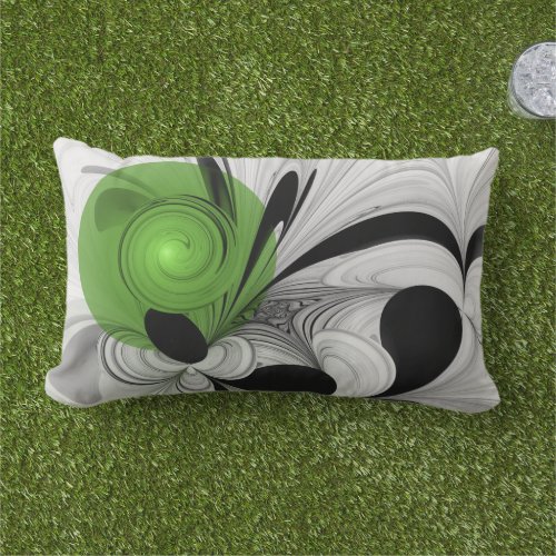 Abstract Black and White with Green Fractal Art Lumbar Pillow