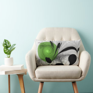 Abstract Black and White with Green Fractal Art Lumbar Pillow