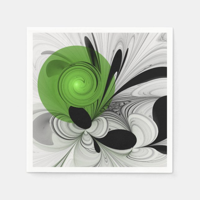 Abstract Black and White with Green Fractal Art Napkins (Front)
