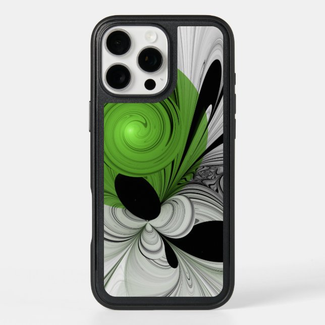 Abstract Black and White with Green Fractal Art Otterbox iPhone Case (Back)