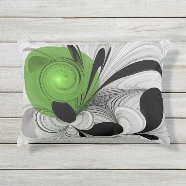 Abstract Black and White with Green Fractal Art Outdoor Pillow (Front)