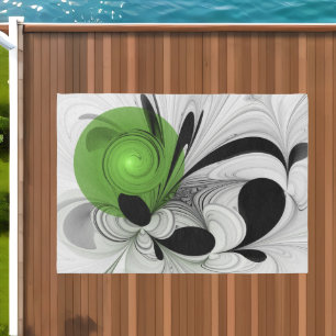 Abstract Black and White with Green Fractal Art Outdoor Rug