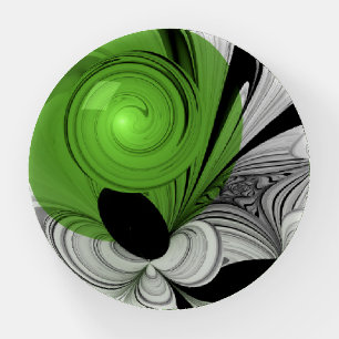 Abstract Black and White with Green Fractal Art Paperweight