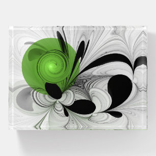 Abstract Black and White with Green Fractal Art Paperweight