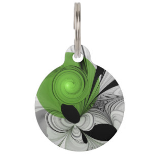 Abstract Black and White with Green Fractal Art Pet ID Tag