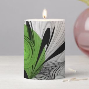 Abstract Black and White with Green Fractal Art Pillar Candle