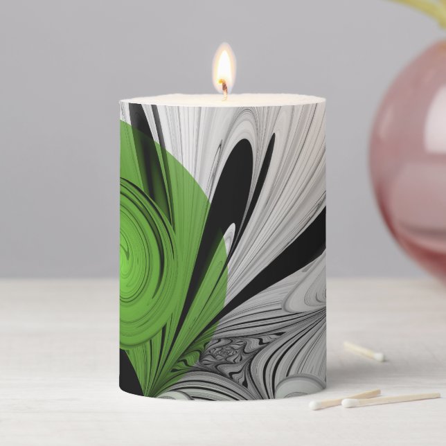 Abstract Black and White with Green Fractal Art Pillar Candle (In Situ)