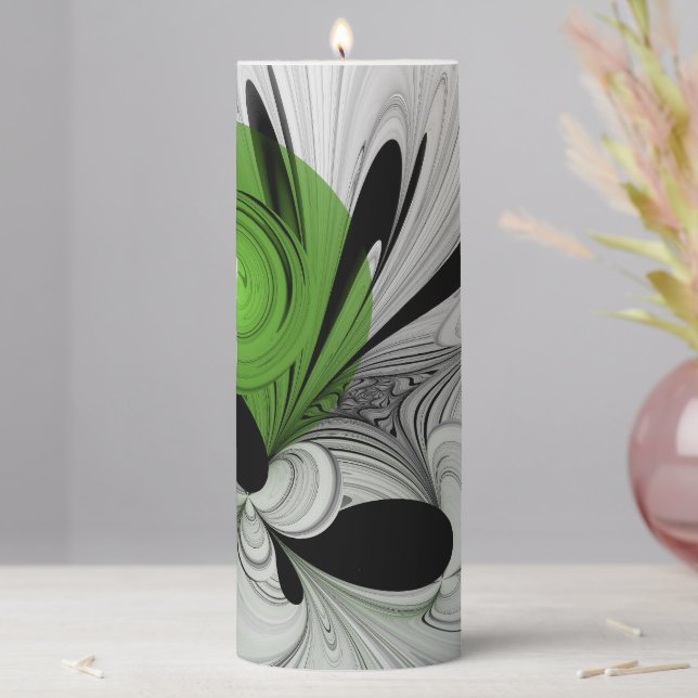 Abstract Black and White with Green Fractal Art Pillar Candle (In Situ)